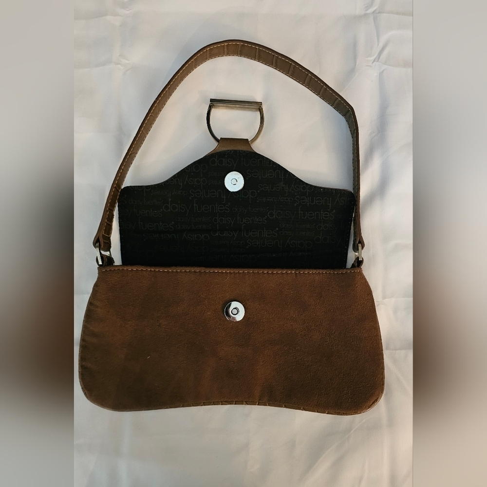 Daisy Fuentes Brown Suede Shoulder Bag Y2K Croc Trim Gold Hardware - Picture 4 of 4
